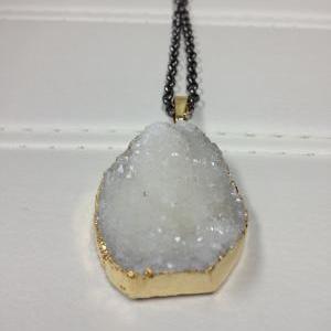 Raw Cut White Druzy Quartz Stone Pendant Necklace