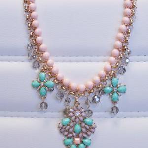 Pink Bead And Turquoise Faceted Floral Statement..