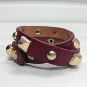 Leather Burgandy Wrist Wrap Gold Accents