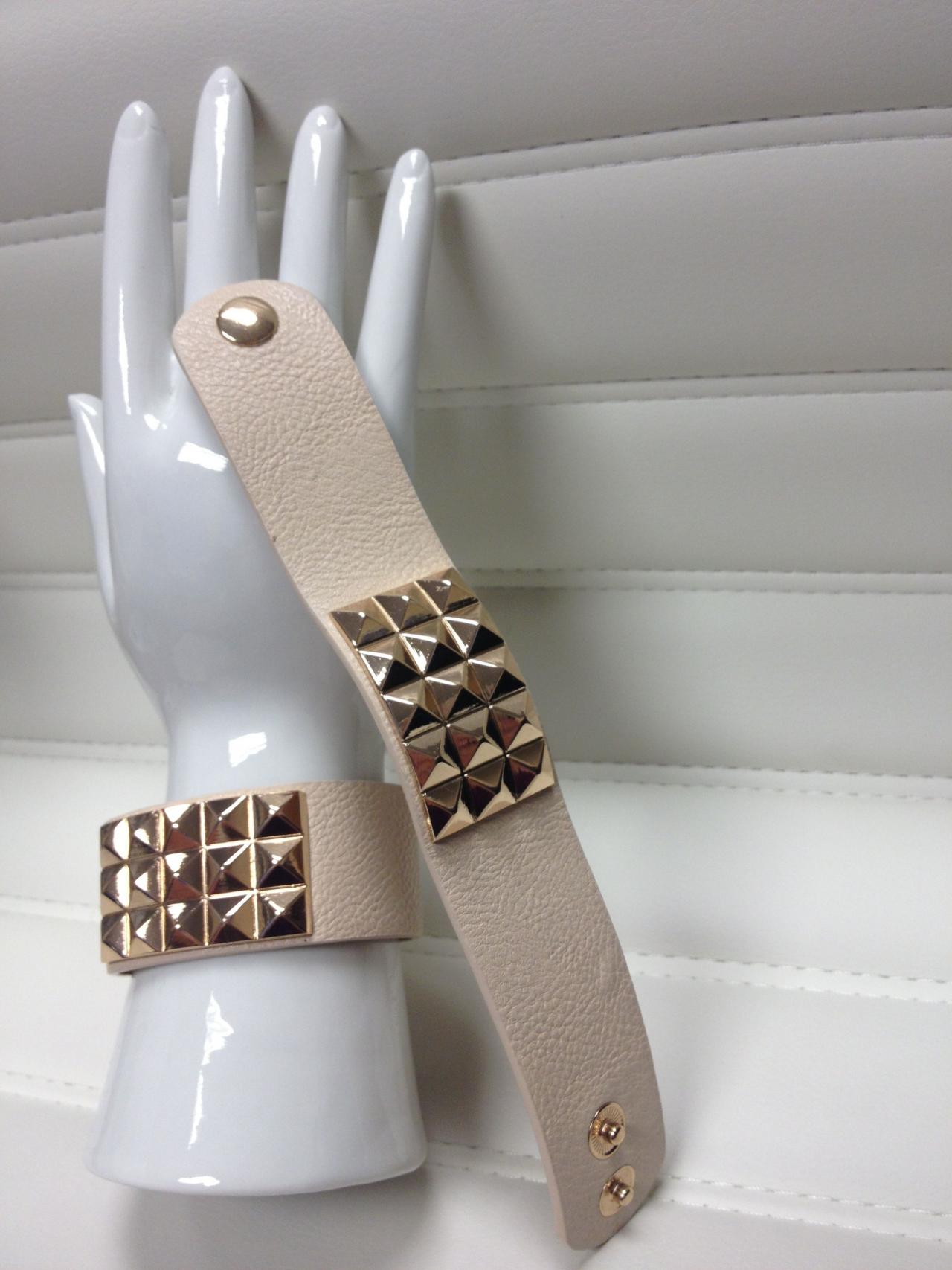 Cream With Gold Accents Thick Band Leather Bracelet