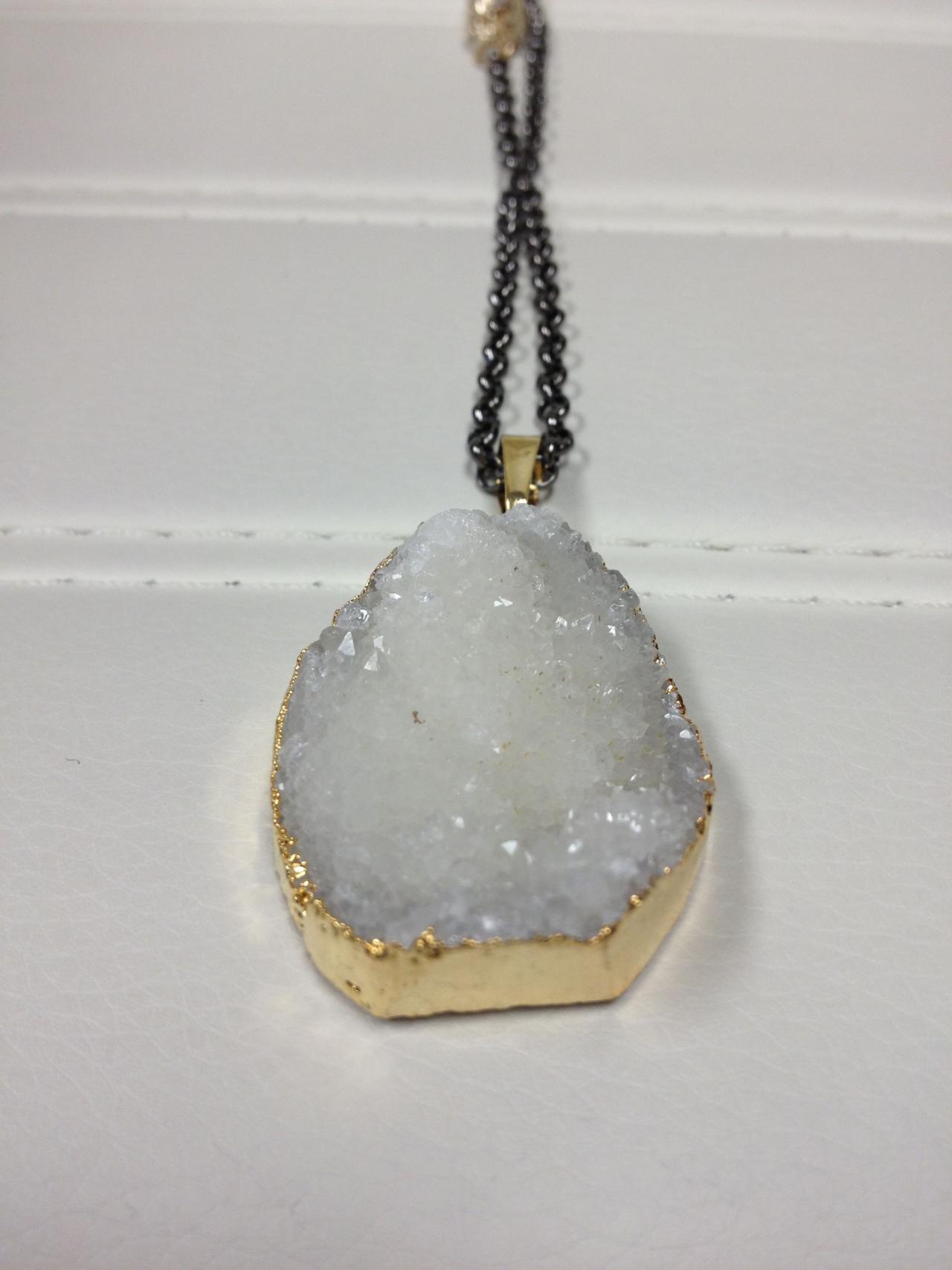 Raw Cut White Druzy Quartz Stone Pendant Necklace