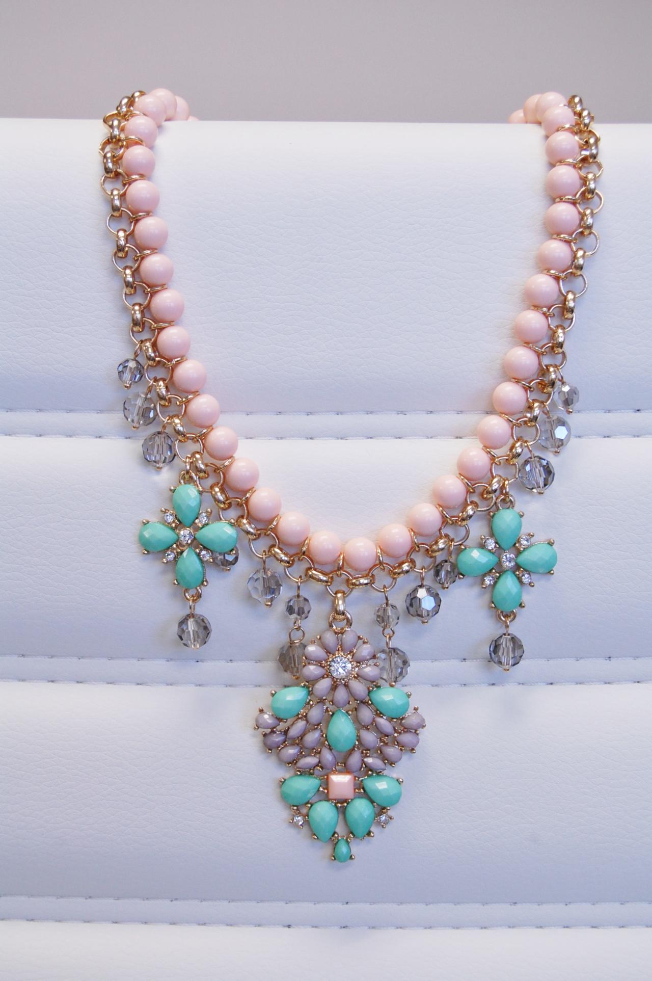 Pink Bead And Turquoise Faceted Floral Statement Necklace