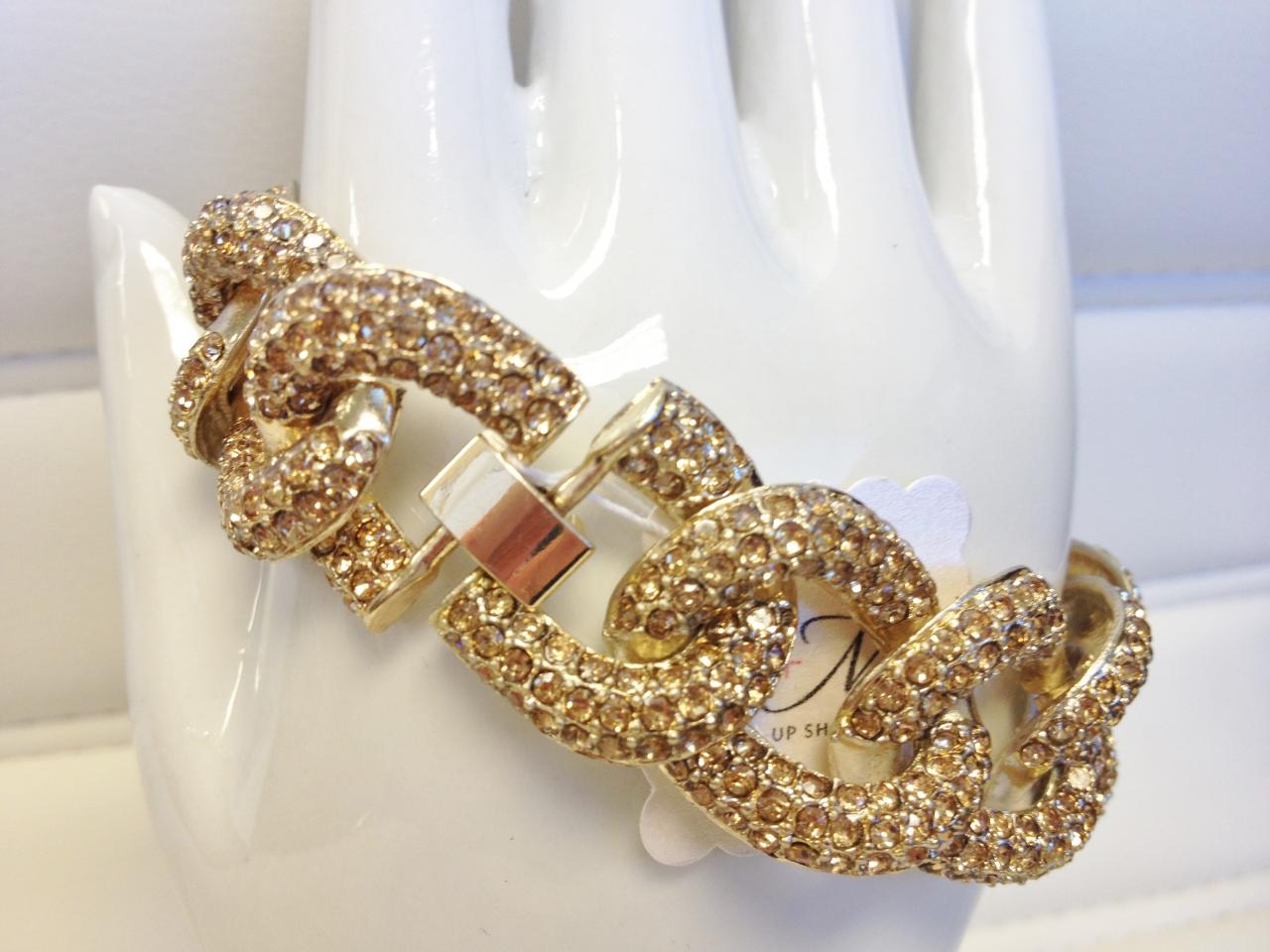 Rhinestone Encrusted Chainlink Bracelet Gold on Luulla