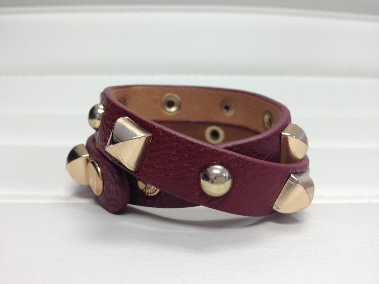 Leather Burgandy Wrist Wrap Gold Accents